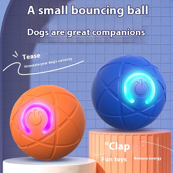 Orange pet jumping ball with a glowing purple power button icon, designed for interactive play with dogs and cats.