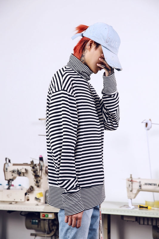 Playera Oversized Hip Hop Street Dance con Cuello Alto y Rayas - Unisex - Image 2