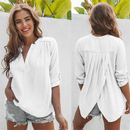 Camiseta Casual de Cuello V y Manga Larga Color Sólido