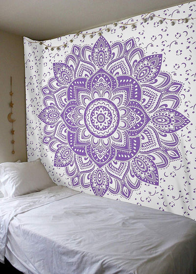Navy blue tapestry with a large gold mandala pattern and smaller gold floral designs, made of polyester. - Image 7