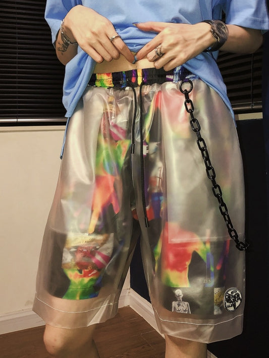Pantalones Cortos Hip Hop Transparentes con Detalles de Costura Contrastante