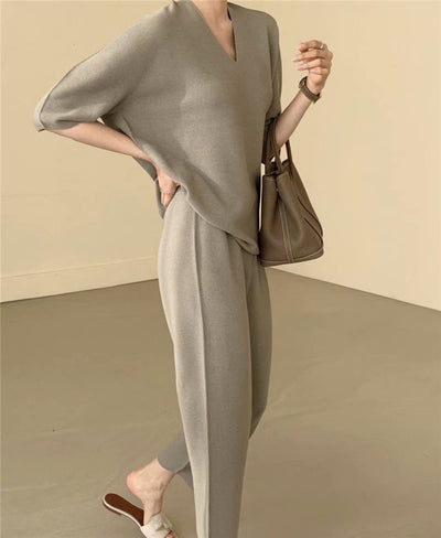 Conjunto de Punto Suelto con Cuello V y Mangas Tres Cuartos - Colores Lisos - Image 17