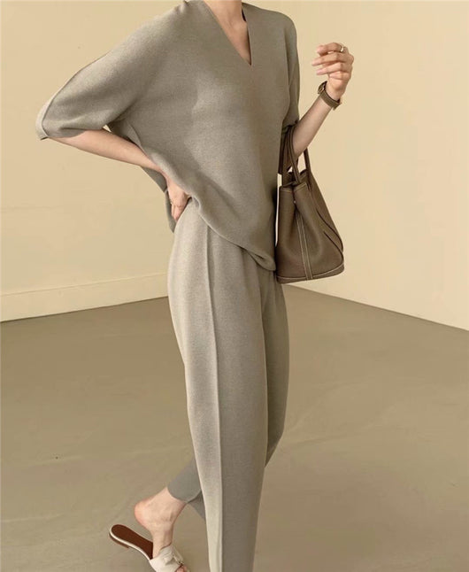 Conjunto de Punto Suelto con Cuello V y Mangas Tres Cuartos - Colores Lisos - Image 17