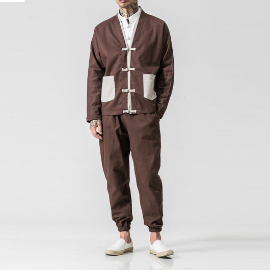 Conjunto Kimono Hanfu Retro Hombre - Chaqueta con Hebilla Estilo Otoño + Pantalón Casual Talla Grande - Image 6