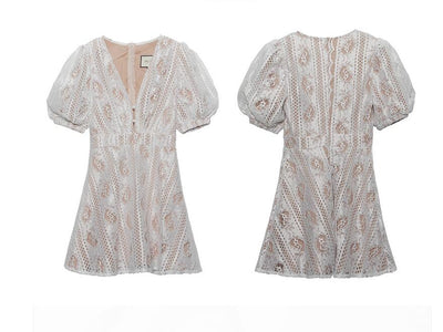 Vestido Retro Vintage de Encaje con Mangas Abullonadas y Cuello en V - Image 8