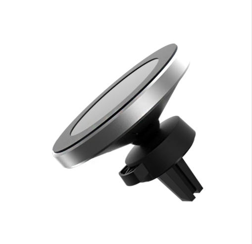Silver and black car magnetic wireless charger with a blue indicator light, mounted on a car's air vent. - Image 4