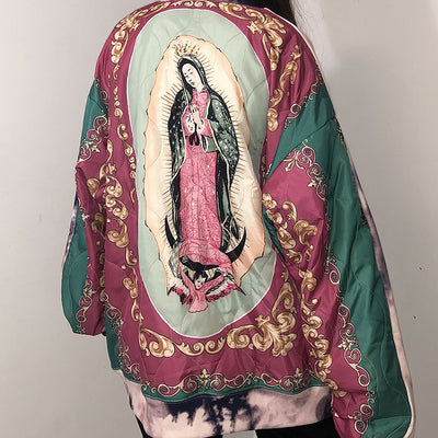 Suéter Hombre Tie-Dye Retro Japonés con Virgen María y Costuras Artesanales