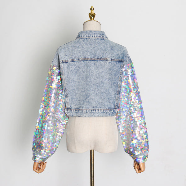 Chaqueta Denim Patchwork con Lentejuelas para Mujer - Estilo Urbano Elegante
