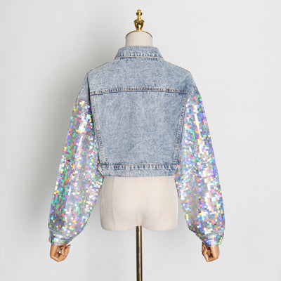 Chaqueta Denim Patchwork con Lentejuelas para Mujer - Estilo Urbano Elegante - Image 2