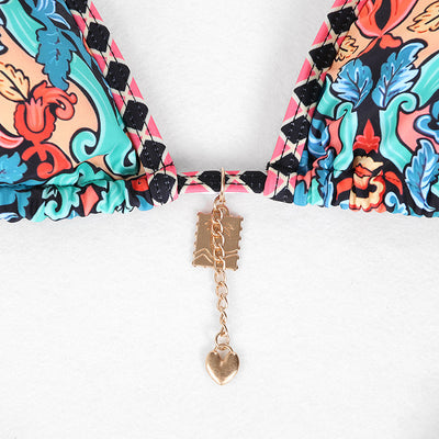 Retro 4-color printed women's bikini with red, blue, and white paisley pattern, featuring a triangle top and high-cut bottom. - Image 25