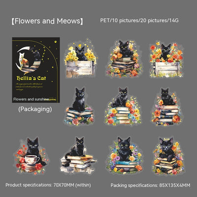 Set of die-cut PET stickers featuring various black cats with purple and blue watercolor effects, some with moons, stars, or wizard hats. - Image 5