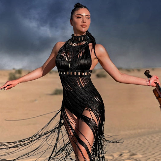 Vestido Maxi Vintage Tejido a Mano con Borlas Elegante para Mujer