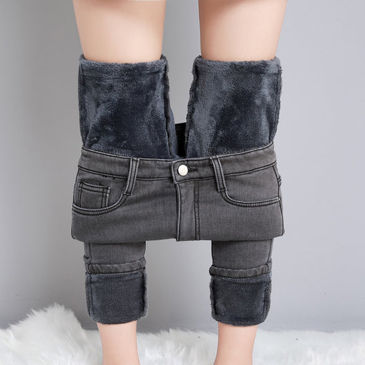 Jeans Cintura Alta Gris Ahumado con Acolchado de Terciopelo
