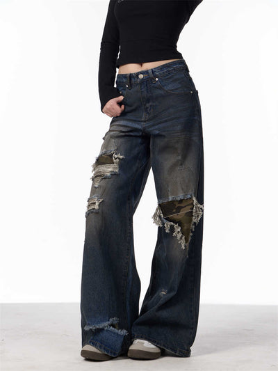 Pantalones Vaqueros Rotos Camuflaje Mujer Cintura Alta Pierna Recta Oversize - Image 11