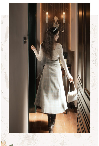 Conjunto Dos Piezas: Falda Cuadros Cintura Alta + Suéter Cuello Cuadrado - Image 11
