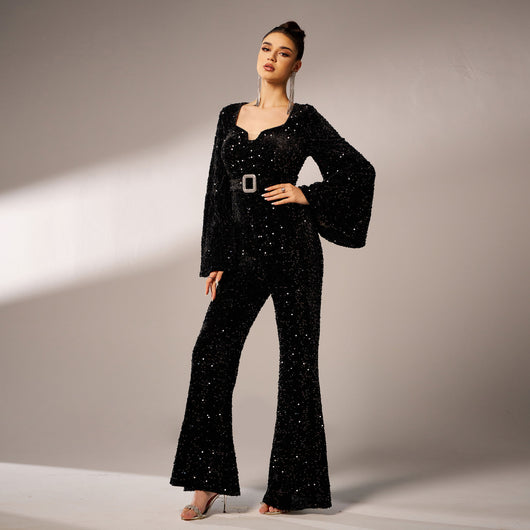 Jumpsuit de Fiesta Largo con Lentejuelas, Cuello Cuadrado y Ajuste Ceñido - Image 4