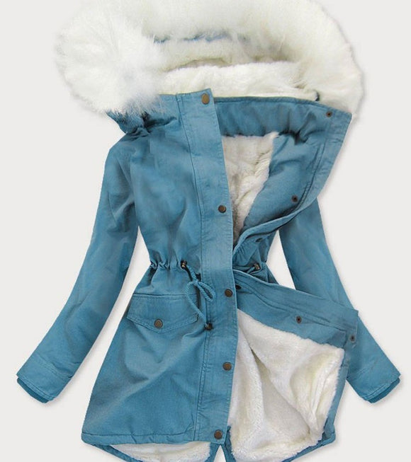 Abrigo Denim Tipo Trinchera con Cuello de Piel para Otoño e Invierno