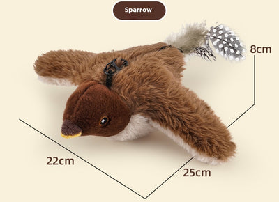 Electric simulation bird cat toy with black and white speckled plush body, olive green head, and feathered tail. Includes a black sling for hanging and USB char - Image 14