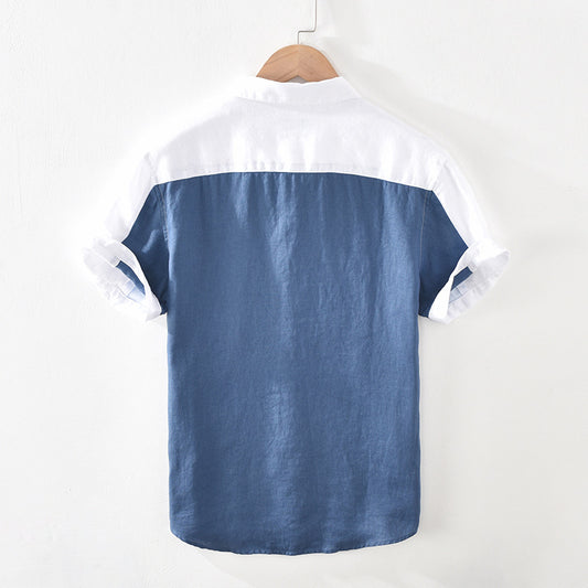 Camisa de Lino Patchwork Manga Corta para Hombre - Image 2