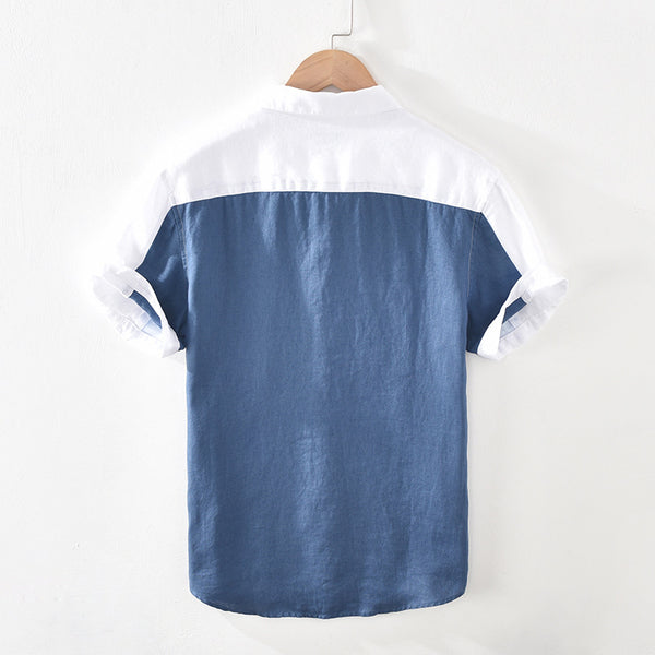 Camisa de Lino Patchwork Manga Corta para Hombre