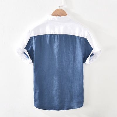 Camisa de Lino Patchwork Manga Corta para Hombre - Image 2