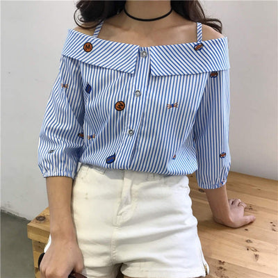 Blusa Rayada Hombros Descubiertos con Cuello Cosido - Image 12