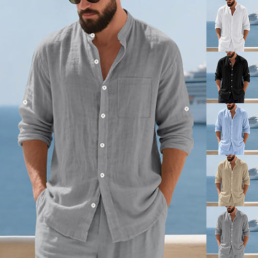 Camisa de Lino Transpirable para Hombre con Cuello Mao y Manga Larga