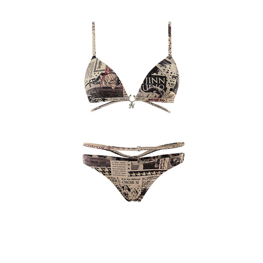 Retro newspaper print two-piece swimsuit set with a backless triangle bikini top and matching cut-out bottoms. - Image 11