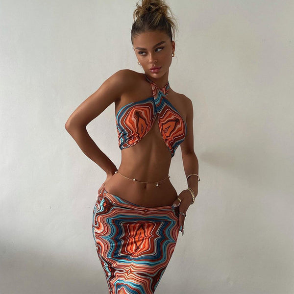 Conjunto Falda Slim Estampada con Halter y Tirantes Ajustables