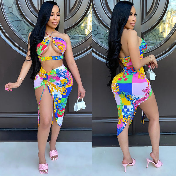 Falda Corta Asimétrica Dos Piezas con Escote Halter