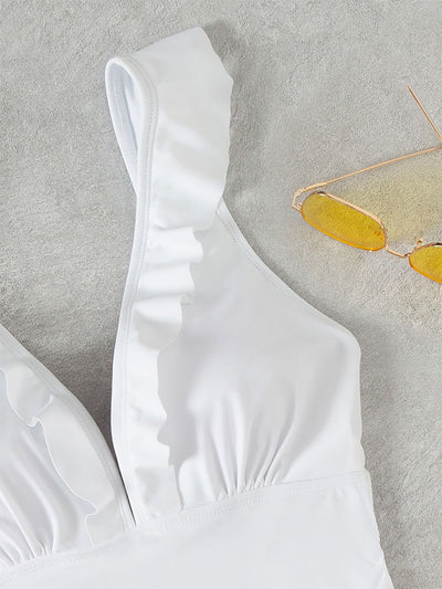 White one-piece swimsuit with a deep V-neck and ruffled shoulder straps, featuring a solid pure color design. - Image 16