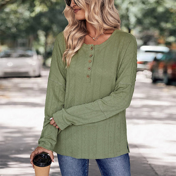 Suéter Verde de Cuello Redondo con Botones y Textura Jacquard