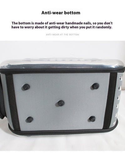 Gray and black pet carrier with a clear bubble window featuring paw prints and a mesh side for ventilation. - Image 17
