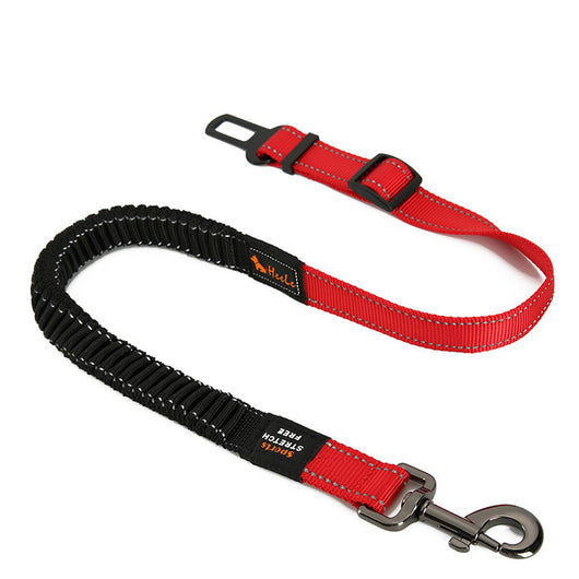 Red pet seat belt with reflective stitching, featuring a metal swivel clip and a black car seat belt buckle. - Image 23