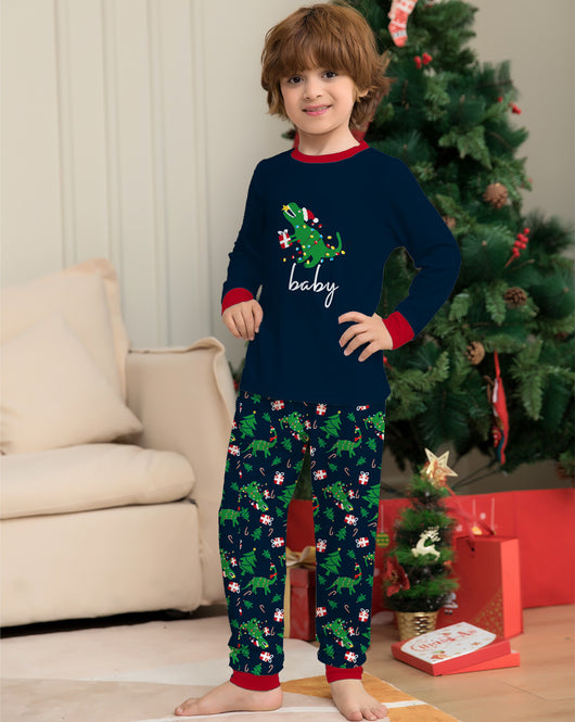 Blue baby long-sleeved pajama set with red trim, featuring a Christmas dinosaur wrapped in lights and "baby" text. - Image 10