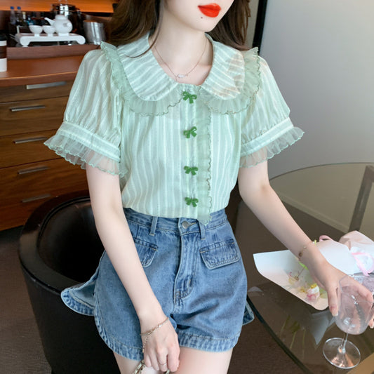Blusa de Chifón con Cuello Muñeca y Mangas de Encaje