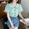 Blusa de Chifón con Cuello Muñeca y Mangas de Encaje
