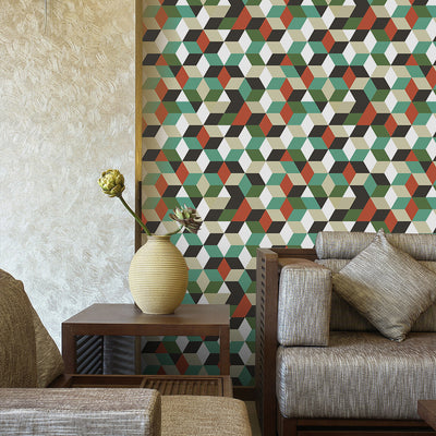 Waterproof self-adhesive wall sticker with a geometric 3D cube pattern in green, teal, orange, black, and white. - Image 12