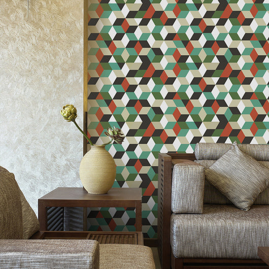 Waterproof self-adhesive wall sticker with a geometric 3D cube pattern in green, teal, orange, black, and white. - Image 12