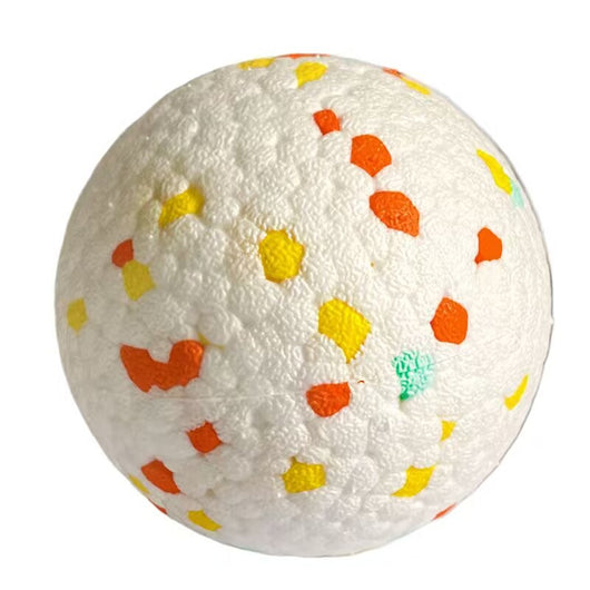 White pet ball dog toy with a textured surface, featuring scattered red, blue, and yellow hexagonal shapes. - Image 9
