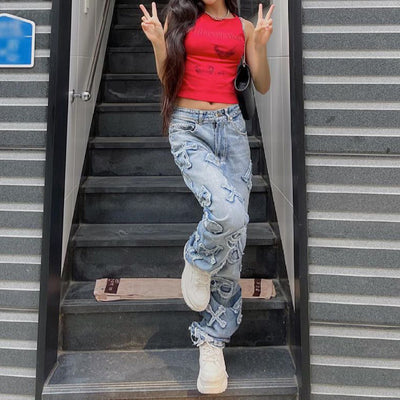 Jeans Rectos con Parche de Letra Personalizada Street - Image 3