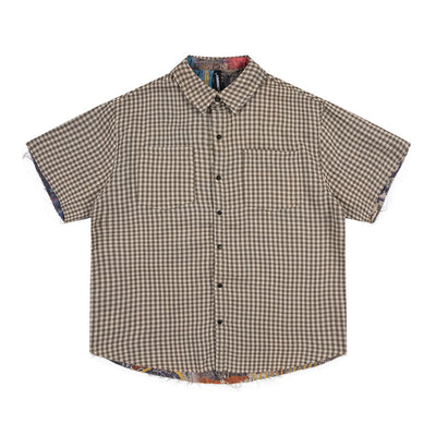 Camisa Corta de Hombre con Diseño Patchwork Cuadros y Graffiti Reversible - Image 5