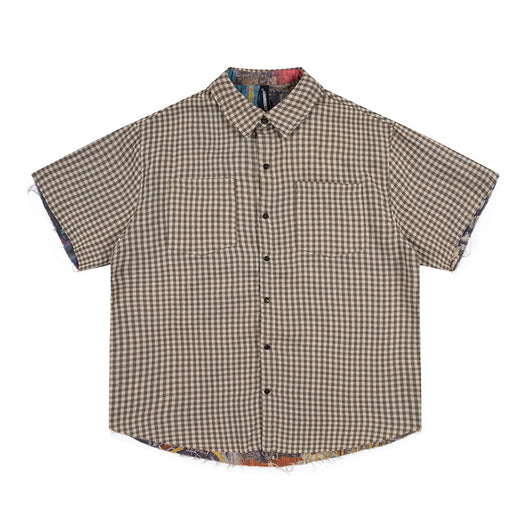 Camisa Corta de Hombre con Diseño Patchwork Cuadros y Graffiti Reversible - Image 5