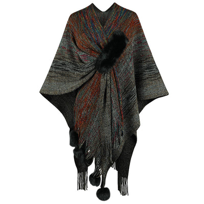 Abrigo Poncho Tejido con Borlas de Colores Contrastantes para Mujer - Image 6