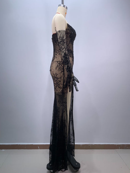 Vestido Largo Ajustado Negro con Encaje y Malla - Diseño Elegante con Abertura - Image 11
