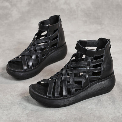 Sandalias Étnicas Retro con Cuña - Botas Tipo Sandalia de Cuero Genuino para Mujer - Image 3