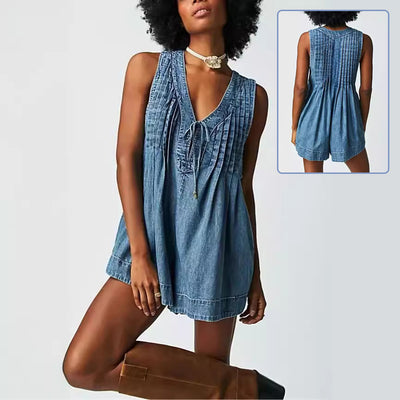Mono Corto Denim Sin Mangas Cuello en V con Bolsillos - Estilo Playero Verano