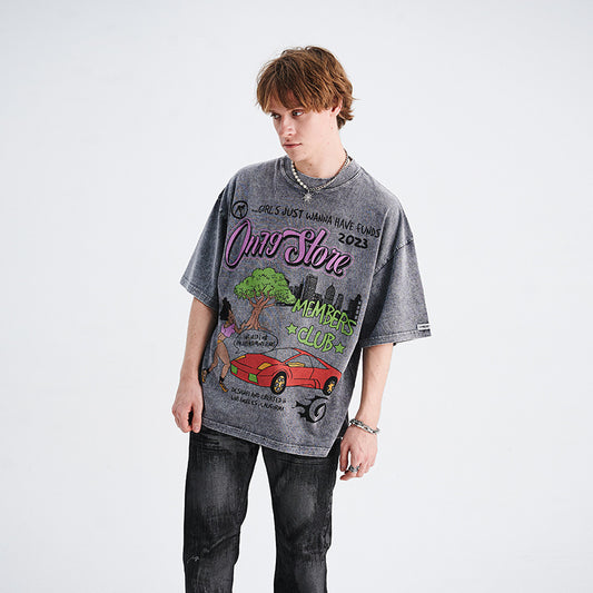 Playera Suelta Estampado Cartoon Vintage para Parejas - Manga Corta Unisex