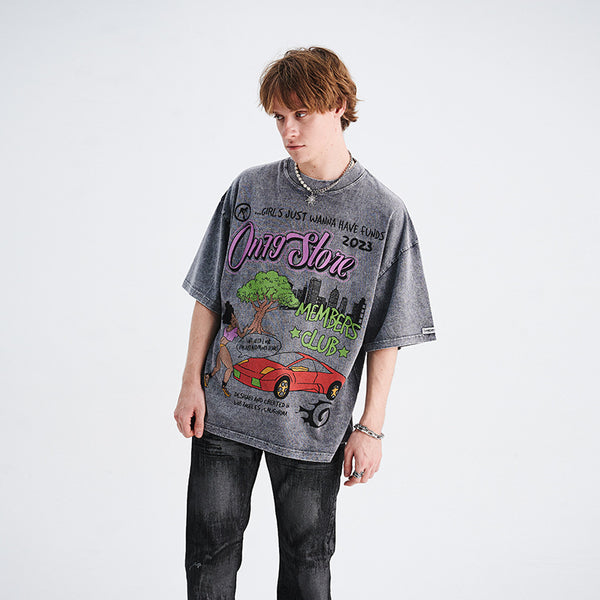 Playera Suelta Estampado Cartoon Vintage para Parejas - Manga Corta Unisex