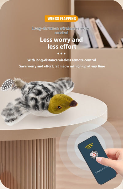 Electric simulation bird cat toy with black and white speckled plush body, olive green head, and feathered tail. Includes a black sling for hanging and USB char - Image 19